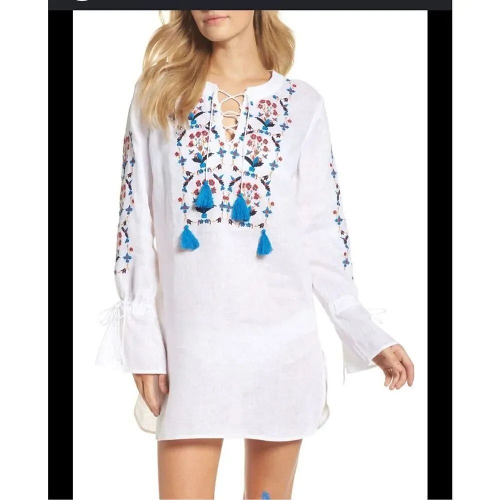 Tory Burch white linen swim cover up tunic M embroidered coastal beach